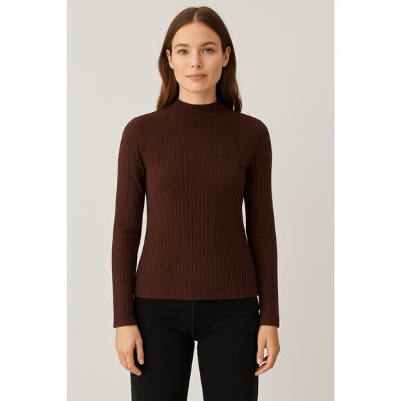 Unbranded Tops - Brown Ribbed Mock Neck Long Sleeve Top – Size 4
